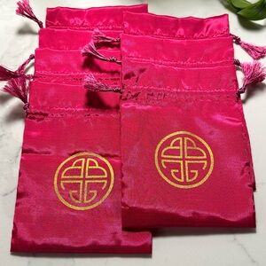 BUDHAGIRL Empty Fuchsia Satin Drawstring Pouches with Gold Emblem - Set of 7